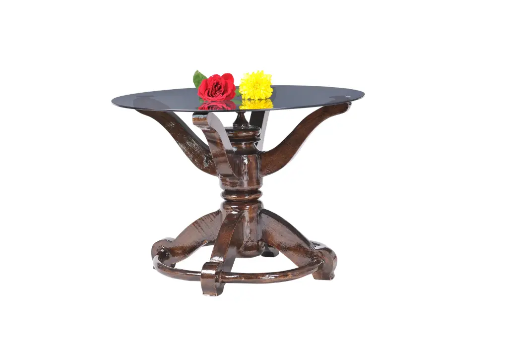 Bangla Mukhi Elegant Solid Wood Round Side Table With Glass Top with pedestal Base, 24" Black and dark wood 