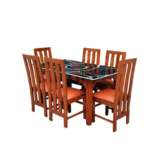 6 Seater Modern Glass Dining Table Set with Elegant Marble-Patterned Top and Six Solid Wood Chairs